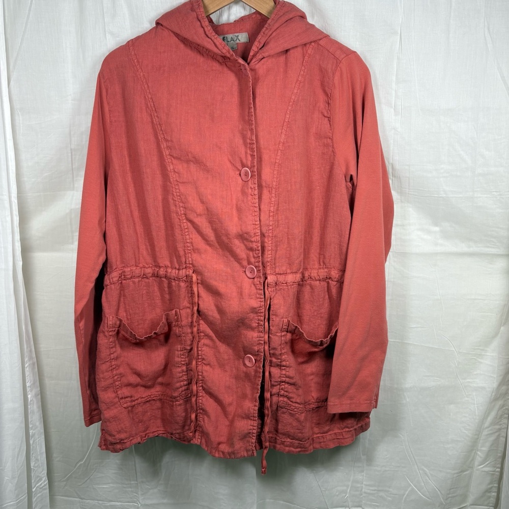 Flax 100% Linen Coral Salmon Hooded Drawstring Light Shacket Shirt Tunic Size‎ S